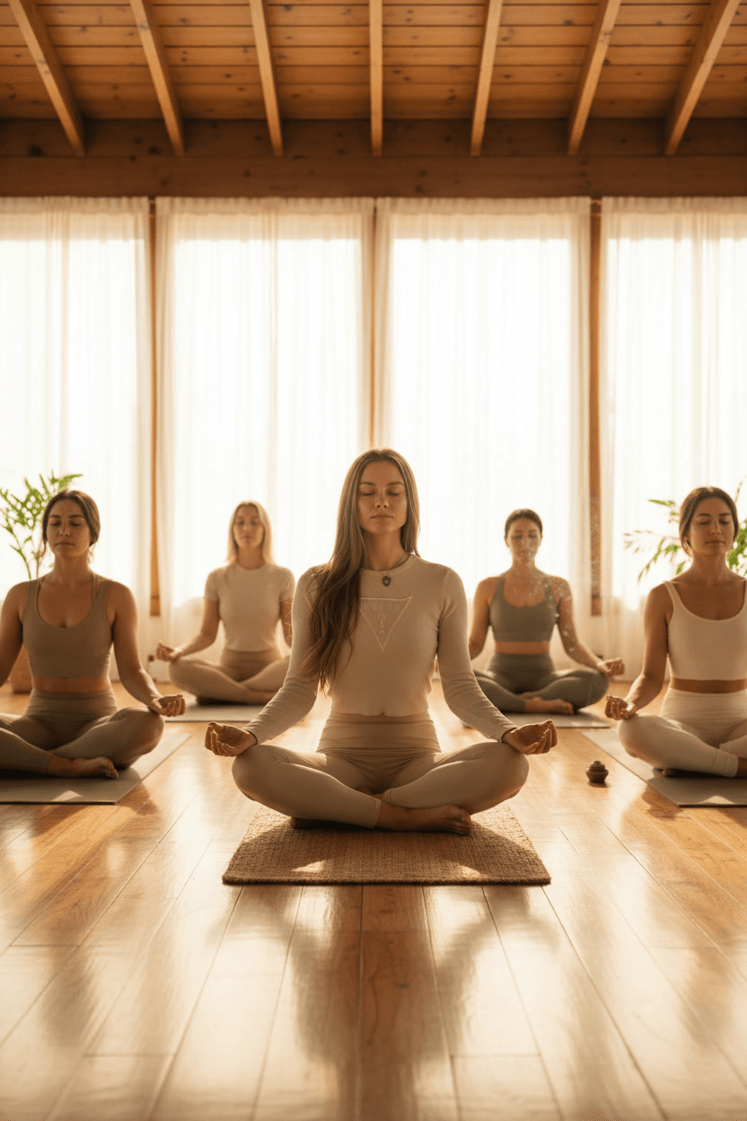 Women group meditation in a warm wooden studio